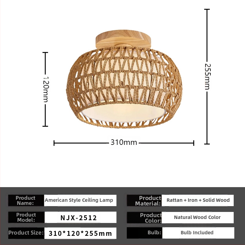 Lampă de plafon boho minimalistă cu abajur din răchită pentru hol și living; LED, tensiune scăzută ≤36V, acoperire 15–30㎡, corp metalic