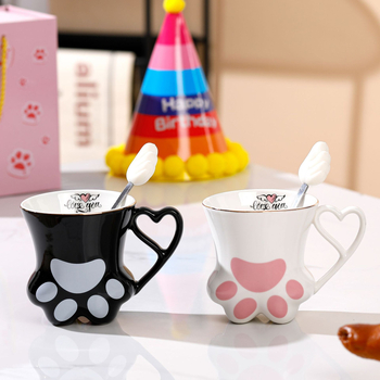 Κεραμικό φλυτζάνι καφέ με μοτίβο πατουσών γάτας, στρογγυλό σχήμα, με εκτυπωμένο λογότυπο, κατάλληλο για φούρνο μικροκυμάτων