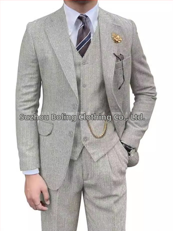 Мъжки костюм от твид с шарка рибена кост, слим-фит, три части, плосък ревер и двупосочни копчета