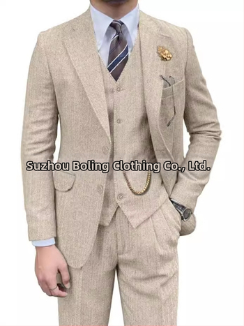 Мъжки костюм от твид с шарка рибена кост, слим-фит, три части, плосък ревер и двупосочни копчета