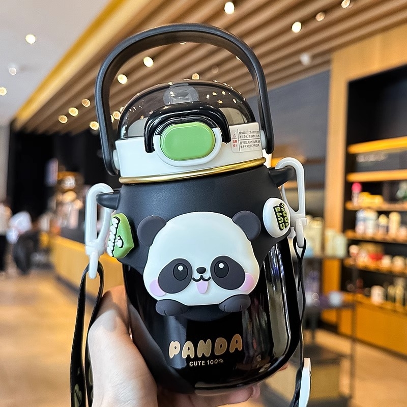 Dječji termos Panda, dizajn velikog trbuha, sa slamkom, 316/304 nehrđajući čelik, izolacija 6-12 sati