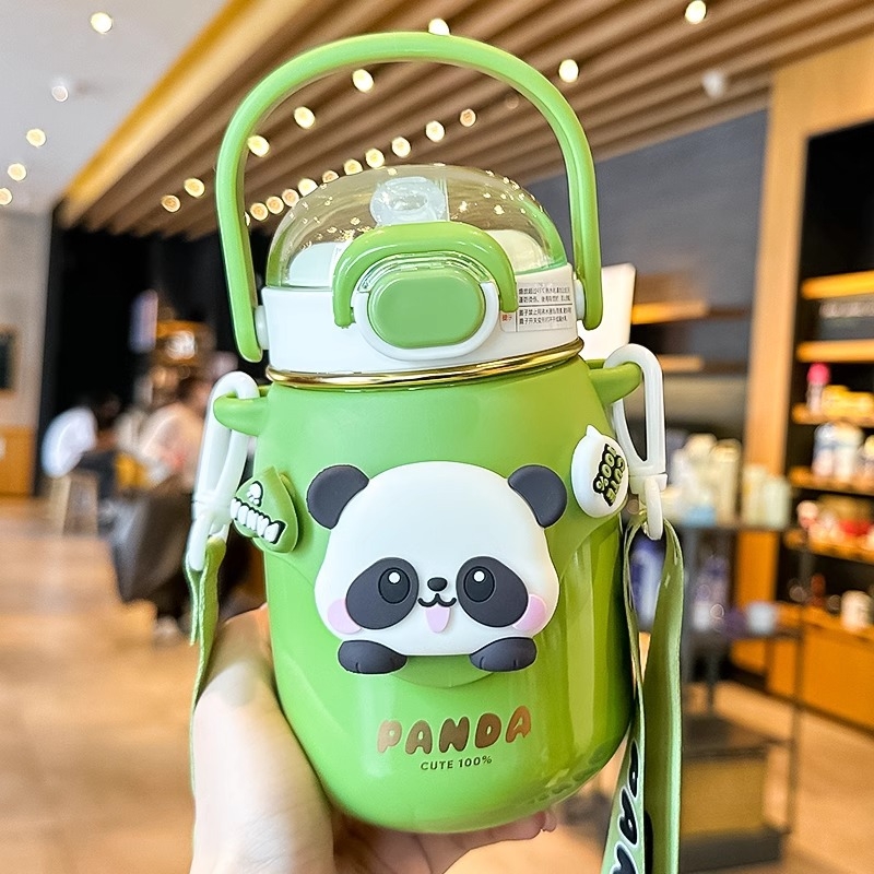Panda gyerek termosz pohár, nagy pocak dizájn, szívószállal, 316/304 rozsdamentes acél, 6-12 órás szigetelés