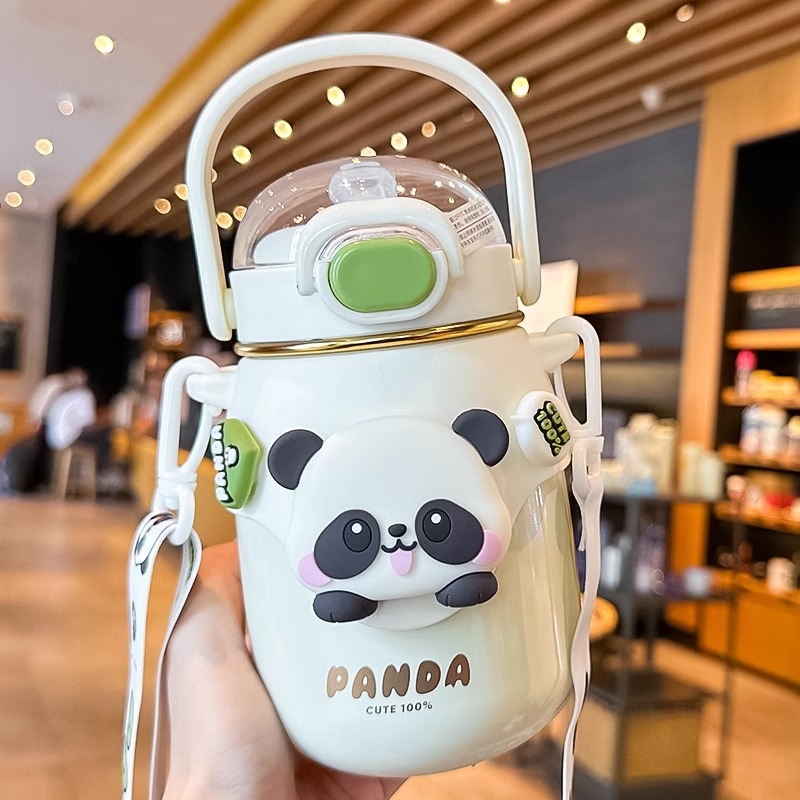 Dječji termos Panda, dizajn velikog trbuha, sa slamkom, 316/304 nehrđajući čelik, izolacija 6-12 sati