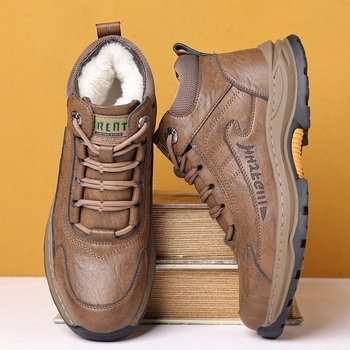 Woodpecker Ανδρικά χειμωνιάτικα υψηλά δερμάτινα sneakers με γούνα εσωτερικά, κορδόνια και καουτσούκ σόλα