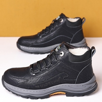 Woodpecker Ανδρικά χειμωνιάτικα υψηλά δερμάτινα sneakers με γούνα εσωτερικά, κορδόνια και καουτσούκ σόλα