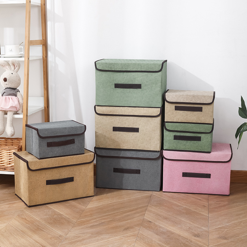 Cutie de depozitare pentru haine, set din două piese pliabile, din bumbac și in, 24L capacitate, cu capac, stivuibilă