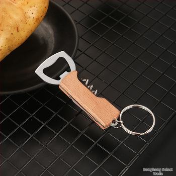 Τρία σε ένα φορητό μαχαίρι-ανοίχτης μπουκαλιών για κρασί και μπύρα, ανοξείδωτο ατσάλι, ξύλινη λαβή, κλιπ κλειδιών