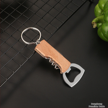 Τρία σε ένα φορητό μαχαίρι-ανοίχτης μπουκαλιών για κρασί και μπύρα, ανοξείδωτο ατσάλι, ξύλινη λαβή, κλιπ κλειδιών