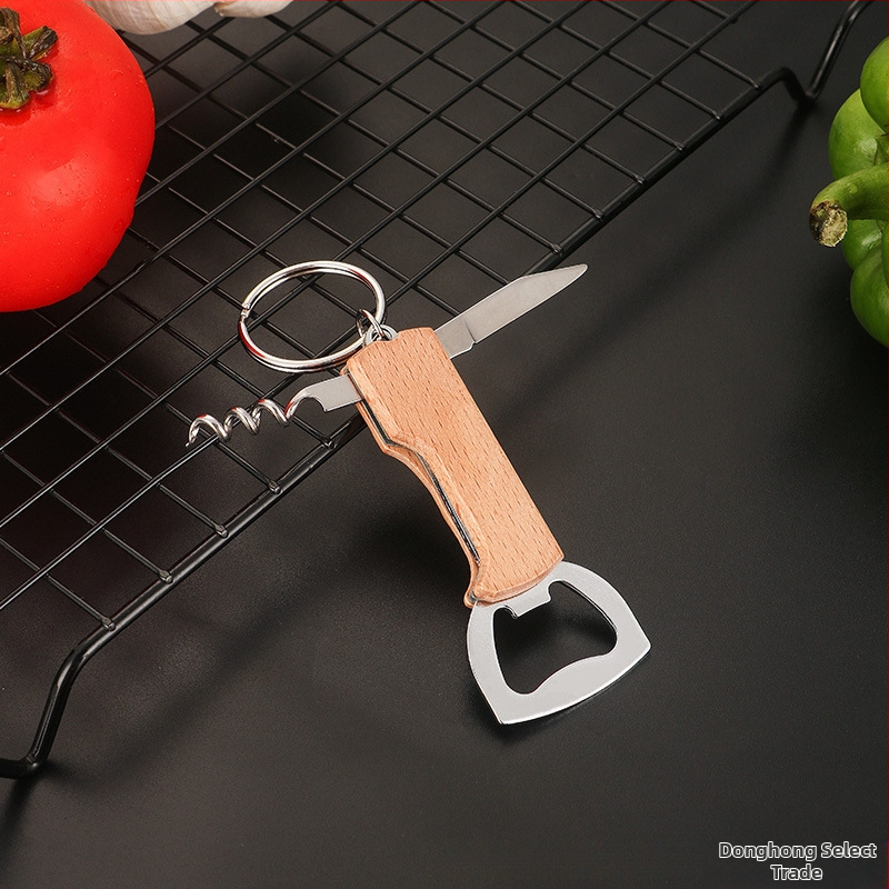 3-in-1 pārnēsājamais nazis ar atvērēju vīna un alus pudelēm, nerūsējošais tērauds, koka rokturis, atslēgu piekariņš