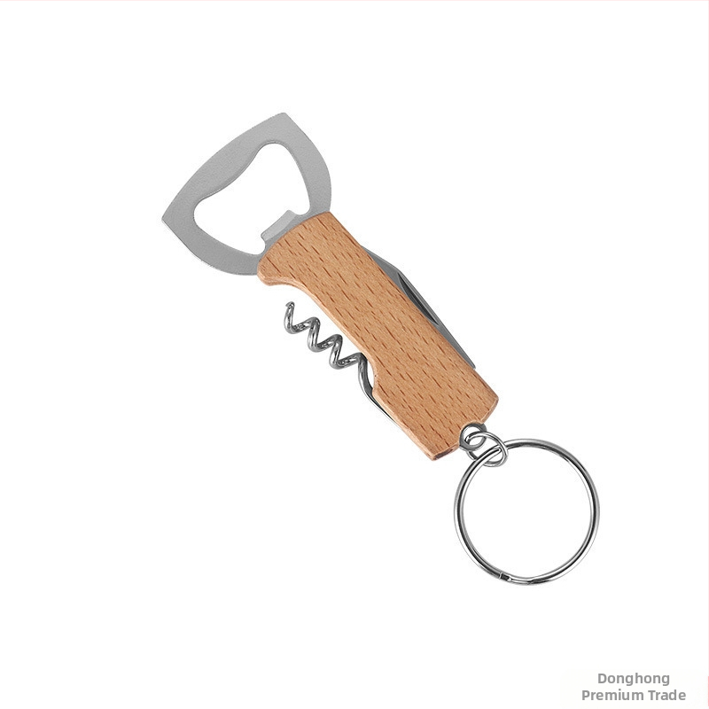 3-в-1 преносим нож-отворвач за бутилки за вино и бира, неръждаема стомана, дървена дръжка от бук, ключодържател