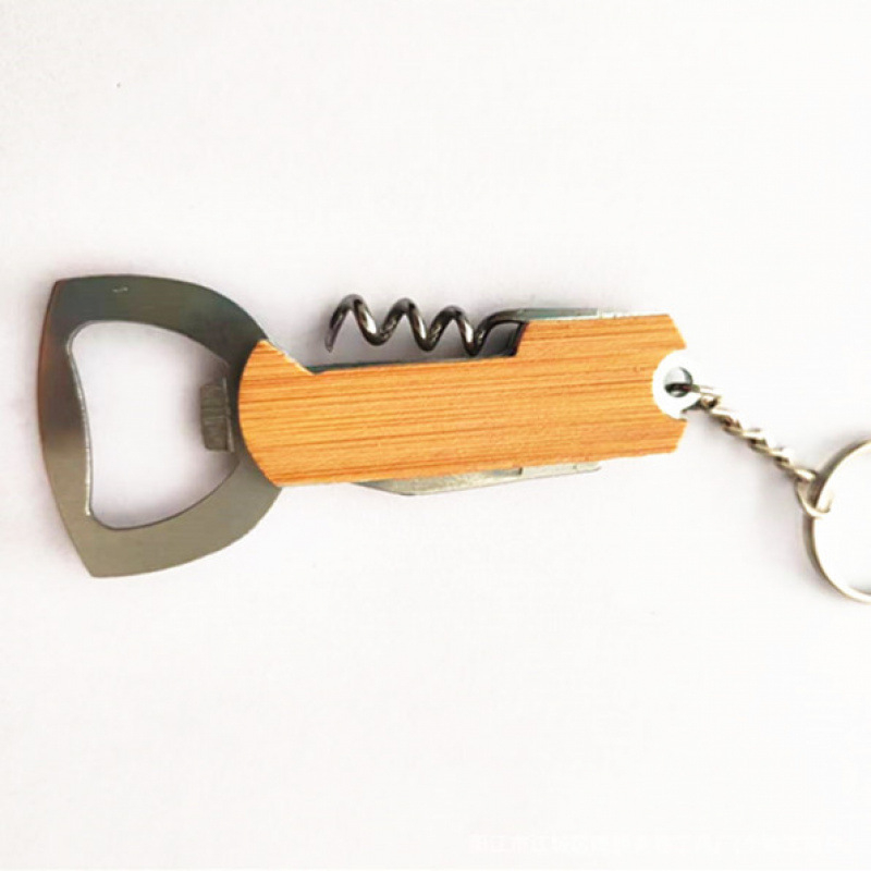 Τρία σε ένα φορητό μαχαίρι-ανοίχτης μπουκαλιών για κρασί και μπύρα, ανοξείδωτο ατσάλι, ξύλινη λαβή, κλιπ κλειδιών