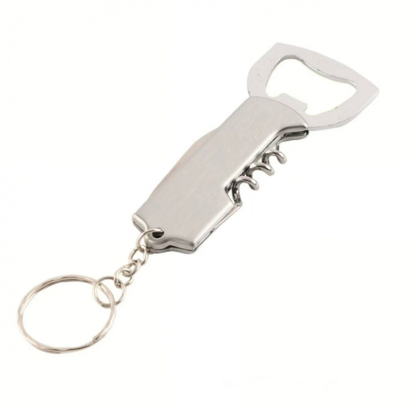 Τρία σε ένα φορητό μαχαίρι-ανοίχτης μπουκαλιών για κρασί και μπύρα, ανοξείδωτο ατσάλι, ξύλινη λαβή, κλιπ κλειδιών