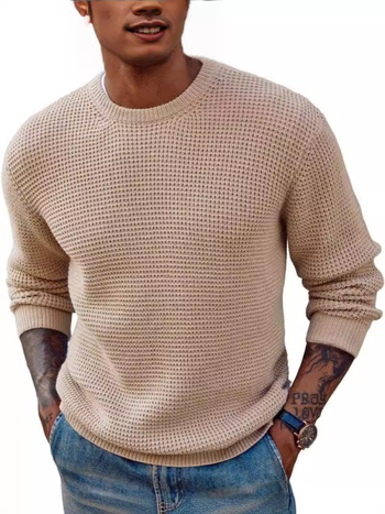 Пуловер с вафелна текстура, кръгло деколте, свободен силует, дълги ръкави (вафелна плетка; кръгло деколте; свободен крой; дълъг ръкав; памук)