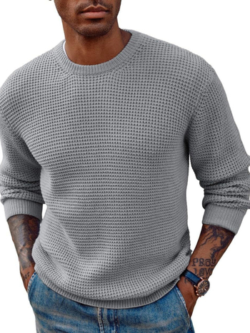 Пуловер с вафелна текстура, кръгло деколте, свободен силует, дълги ръкави (вафелна плетка; кръгло деколте; свободен крой; дълъг ръкав; памук)