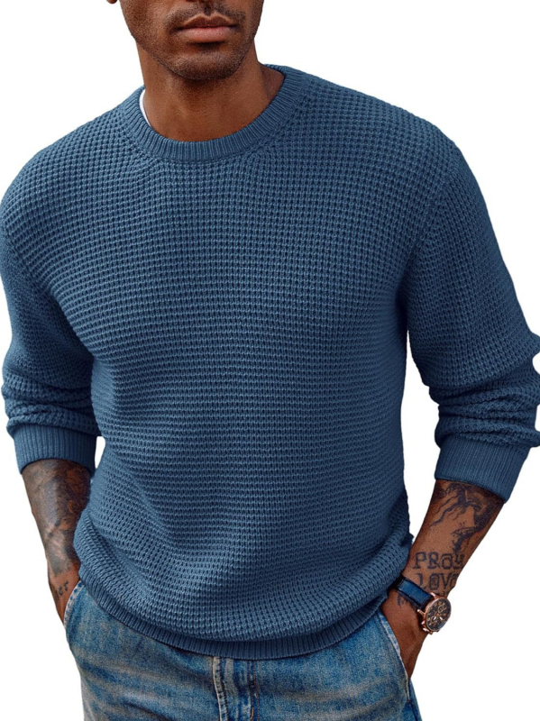 Pulover tricotat cu textură waffle, guler rotund, croi lejer, mâneci lungi, bumbac (textură waffle; guler rotund; croi lejer; mâneci lungi; bumbac)