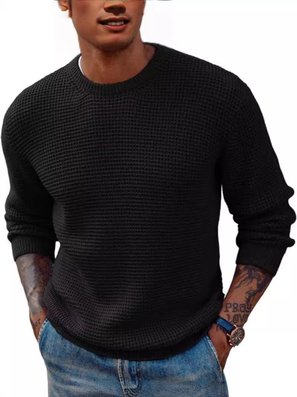Pulover tricotat cu textură waffle, guler rotund, croi lejer, mâneci lungi, bumbac (textură waffle; guler rotund; croi lejer; mâneci lungi; bumbac)