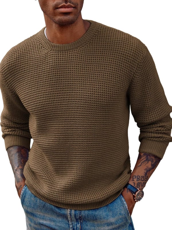 Pulover tricotat cu textură waffle, guler rotund, croi lejer, mâneci lungi, bumbac (textură waffle; guler rotund; croi lejer; mâneci lungi; bumbac)