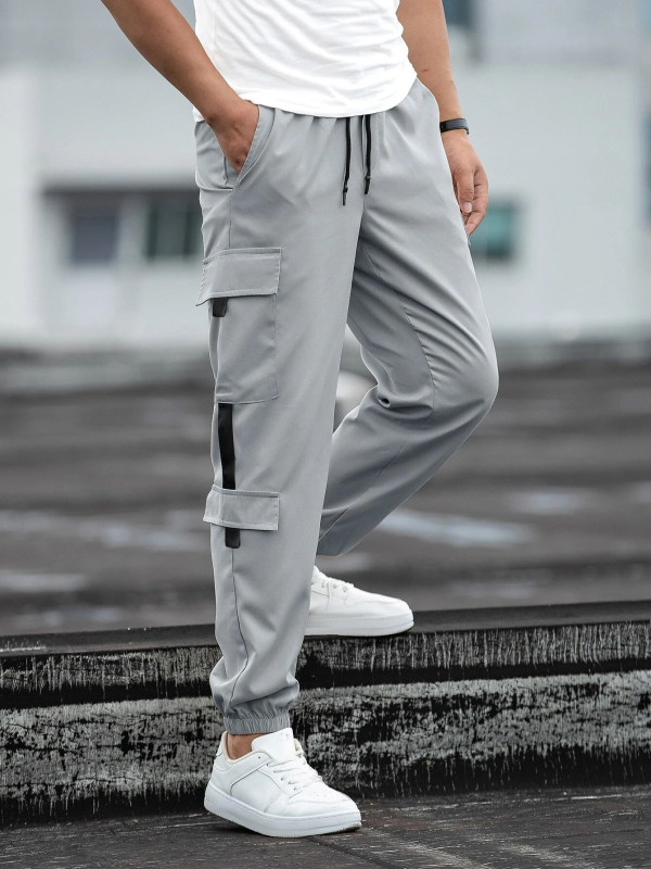 Pantalone za posao s više džepova, široka silueta, srednji porast struka, s remenom, prozračna poliester-mješavina, ravni kroj, jesen 2024 (za muškarce, sve sezone)