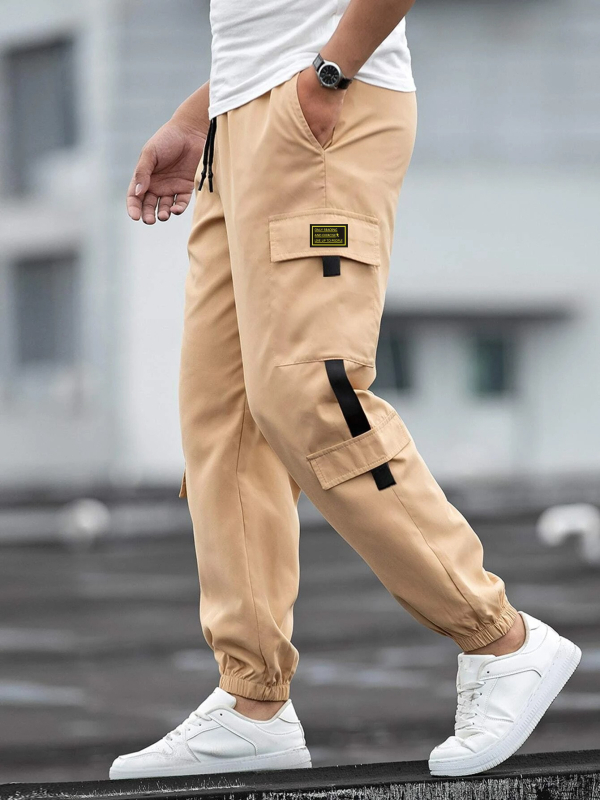 Pantalone za posao s više džepova, široka silueta, srednji porast struka, s remenom, prozračna poliester-mješavina, ravni kroj, jesen 2024 (za muškarce, sve sezone)