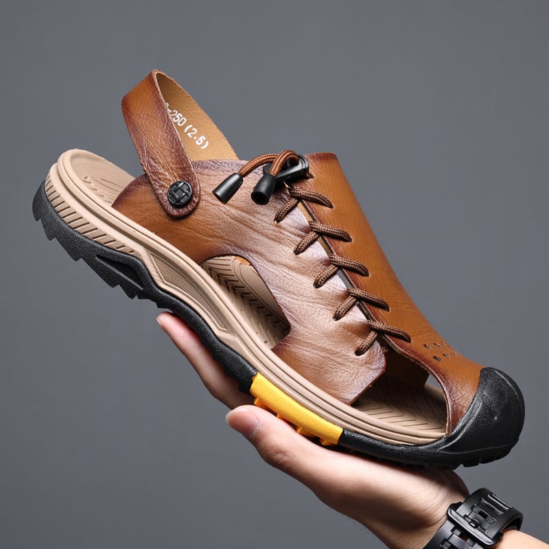 Vyriški pliažo sandalai su viršutine iš pirmojo sluoksnio karvių odos, gumos padas, Velcro užsegimas, kvėpuojančios, uždaras pirštas