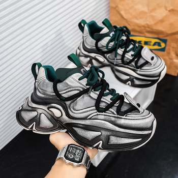 Ανδρικά sneakers με κυκλικό σχήμα δακτύλου, PU επάνω μέρος, χαμηλό ύφος, διαπνέουσα mesh επένδυση, καουτσούκ σόλα