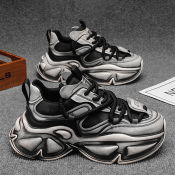 Ανδρικά sneakers με κυκλικό σχήμα δακτύλου, PU επάνω μέρος, χαμηλό ύφος, διαπνέουσα mesh επένδυση, καουτσούκ σόλα