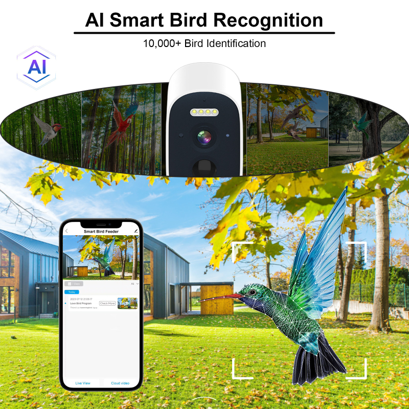 Интелигентна кормилка за птици с камера и ИИ разпознаване на птици – 5MP, 2560x1440, 3.6mm CMOS, външна употреба