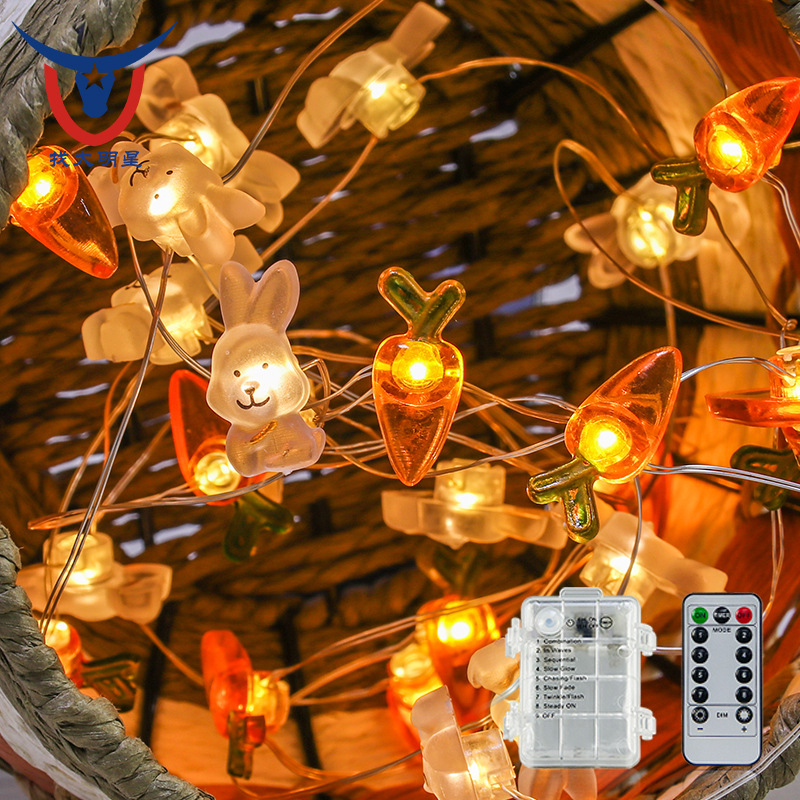 LED-keti jänese ja porgandi kujundustega Lihavõtted, 40 LED, IP44, 8 funktsiooniga kaugjuhtimispult, baterii kast, heleduse reguleerimine