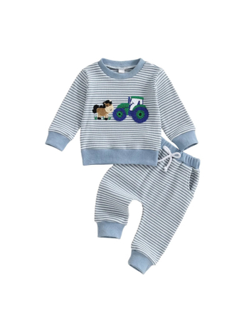 Σετ παιδικού φούτερ και παντελονιού με κέντημα φάρμας και ριγέ μοτίβο | Μαλακό πλεκτό ύφασμα από βαμβάκι 95% | Μοντέλο με ζωάκια/καρτούν | Μακριές μανίκες | Κατάλληλο για χειμώνα, άνοιξη και φθινόπωρο