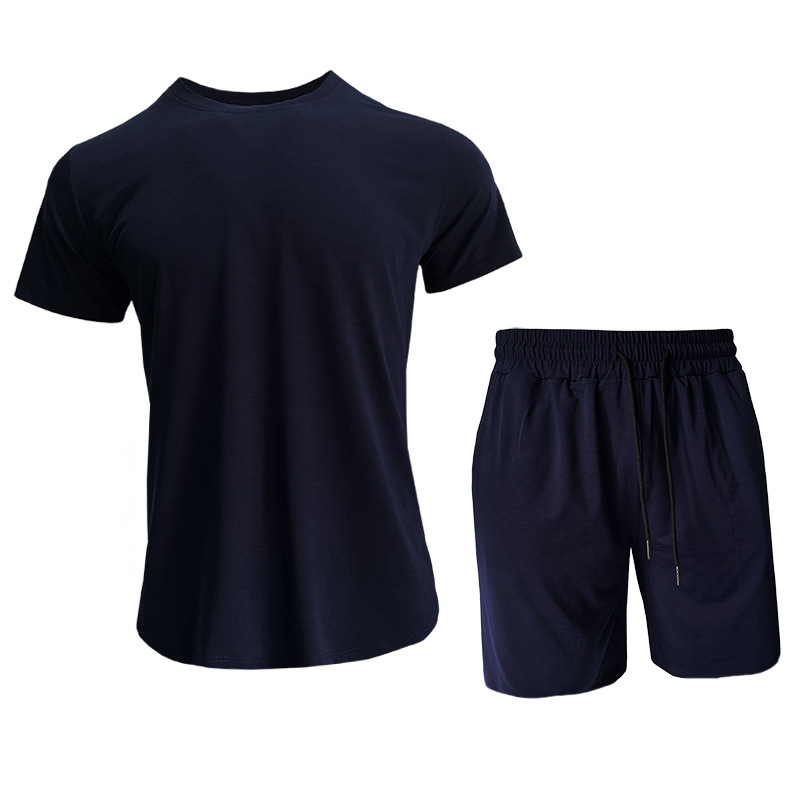 Set sport pentru bărbați din amestec de bumbac — model solid, mâneci scurte, guler rotund, 90% poliester