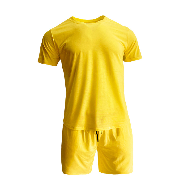 Set sport pentru bărbați din amestec de bumbac — model solid, mâneci scurte, guler rotund, 90% poliester