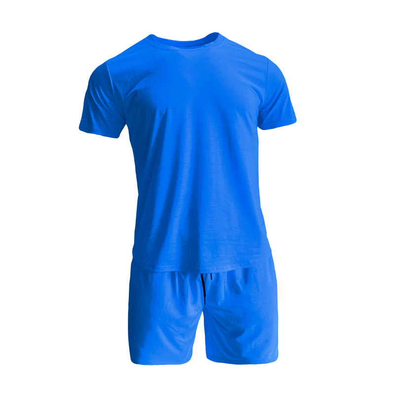 Set sport pentru bărbați din amestec de bumbac — model solid, mâneci scurte, guler rotund, 90% poliester