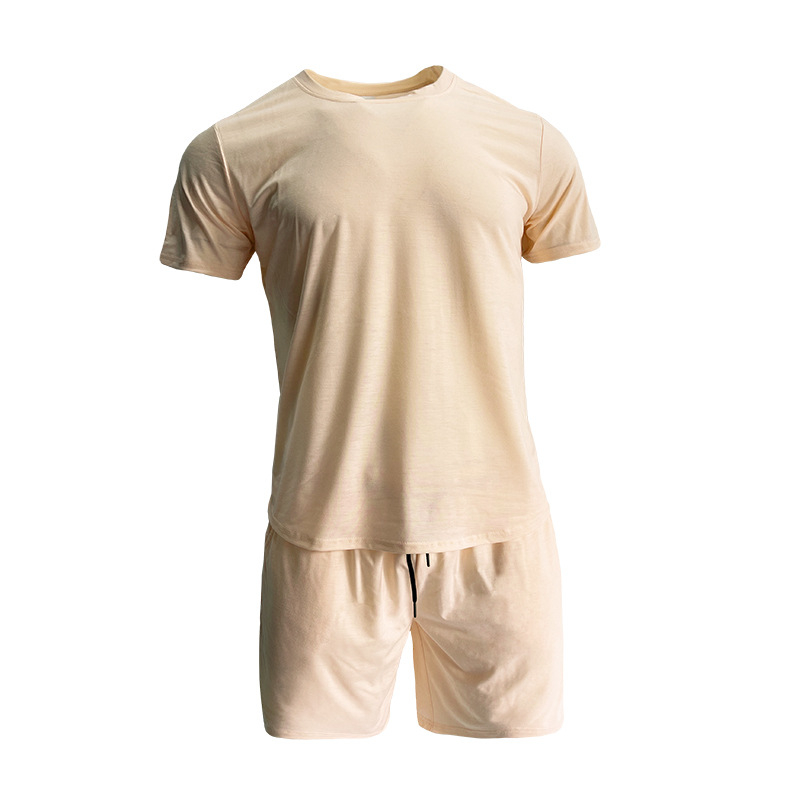 Set sport pentru bărbați din amestec de bumbac — model solid, mâneci scurte, guler rotund, 90% poliester