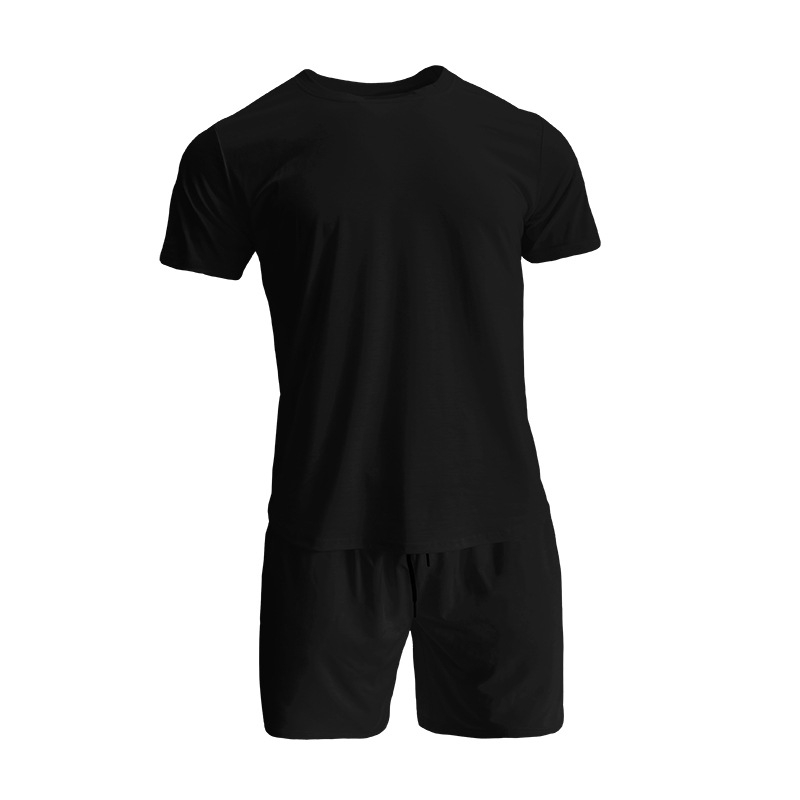 Set sport pentru bărbați din amestec de bumbac — model solid, mâneci scurte, guler rotund, 90% poliester