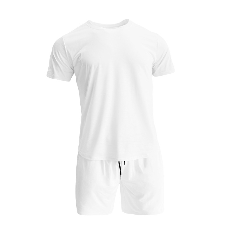 Set sport pentru bărbați din amestec de bumbac — model solid, mâneci scurte, guler rotund, 90% poliester