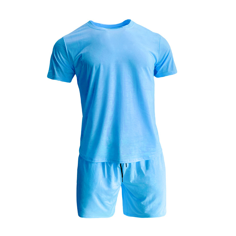 Set sport pentru bărbați din amestec de bumbac — model solid, mâneci scurte, guler rotund, 90% poliester