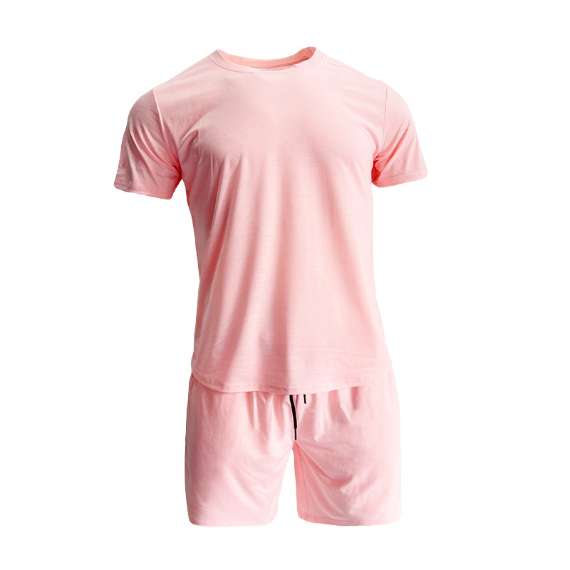 Set sport pentru bărbați din amestec de bumbac — model solid, mâneci scurte, guler rotund, 90% poliester