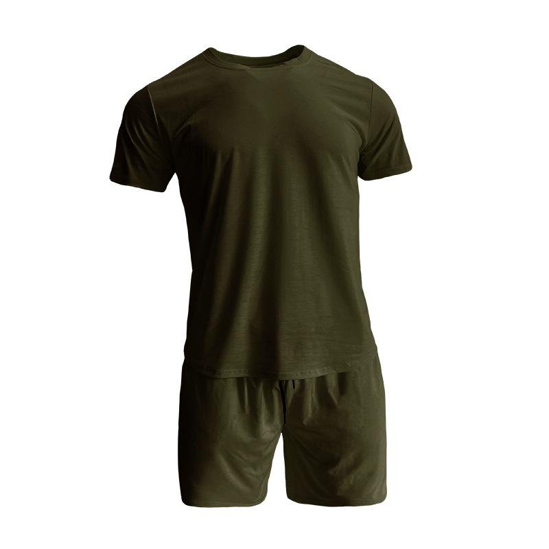 Set sport pentru bărbați din amestec de bumbac — model solid, mâneci scurte, guler rotund, 90% poliester