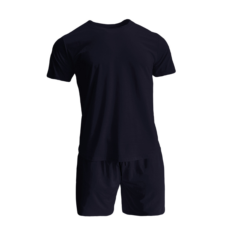 Set sport pentru bărbați din amestec de bumbac — model solid, mâneci scurte, guler rotund, 90% poliester