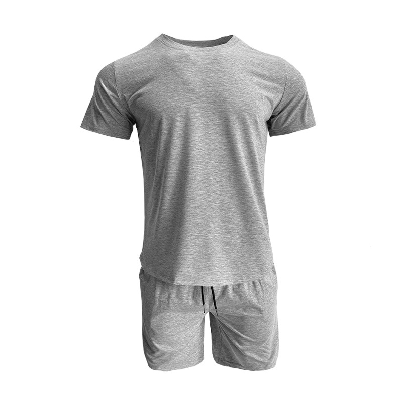 Set sport pentru bărbați din amestec de bumbac — model solid, mâneci scurte, guler rotund, 90% poliester