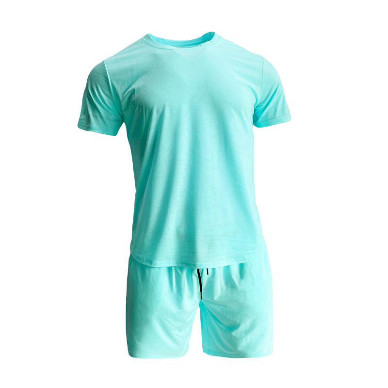 Set sport pentru bărbați din amestec de bumbac — model solid, mâneci scurte, guler rotund, 90% poliester