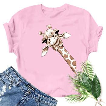 Тениска с принт на жираф, къс ръкав, свободна кройка, обикновена дължина, полиестер.