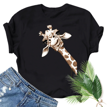 Тениска с принт на жираф, къс ръкав, свободна кройка, обикновена дължина, полиестер.