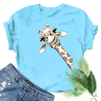 Тениска с принт на жираф, къс ръкав, свободна кройка, обикновена дължина, полиестер.