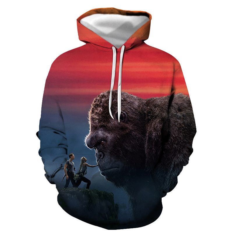 Pulover cu glugă, guler rotund, imprimare 3D cu caractere, croi lejer, mâneci lungi, material din bumbac