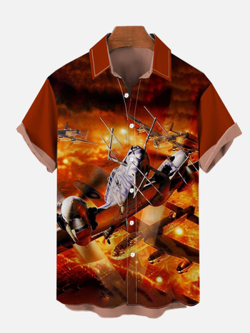 Ανδρικό κοντομάνικο πουκάμισο με 3D ψηφιακή εκτύπωση, καλοκαιρινό casual, εφαρμοστός κόψιμο, πολυεστέρας 96%+