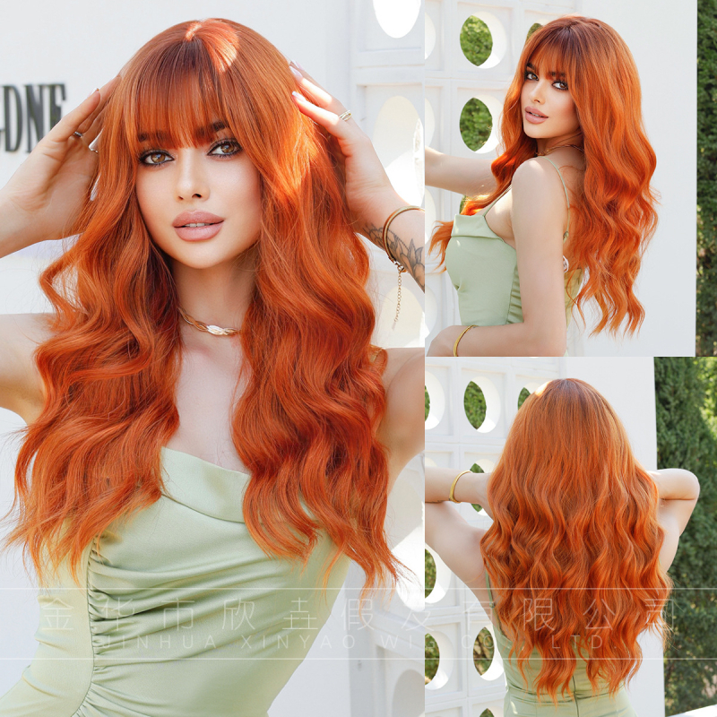 Perucă lungă buclată cu breton drept, Păr din fibră rezistentă la temperaturi înalte, Procesare mecanizată, Poate fi vopsită sau tratată cu permanent, Pentru femei