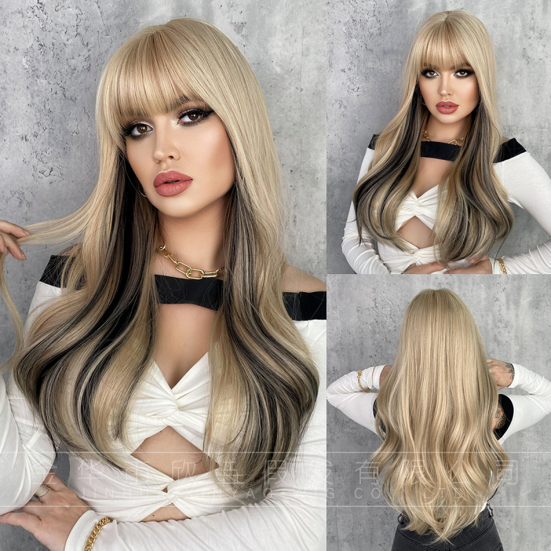 Perucă lungă buclată cu breton drept, Păr din fibră rezistentă la temperaturi înalte, Procesare mecanizată, Poate fi vopsită sau tratată cu permanent, Pentru femei