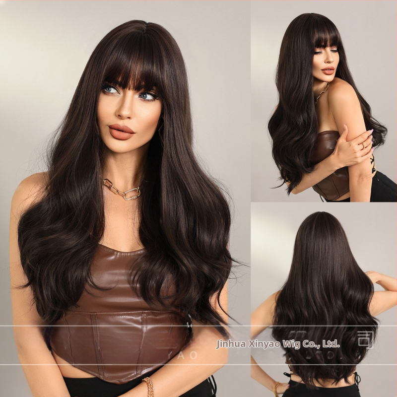 Perucă lungă buclată cu breton drept, Păr din fibră rezistentă la temperaturi înalte, Procesare mecanizată, Poate fi vopsită sau tratată cu permanent, Pentru femei