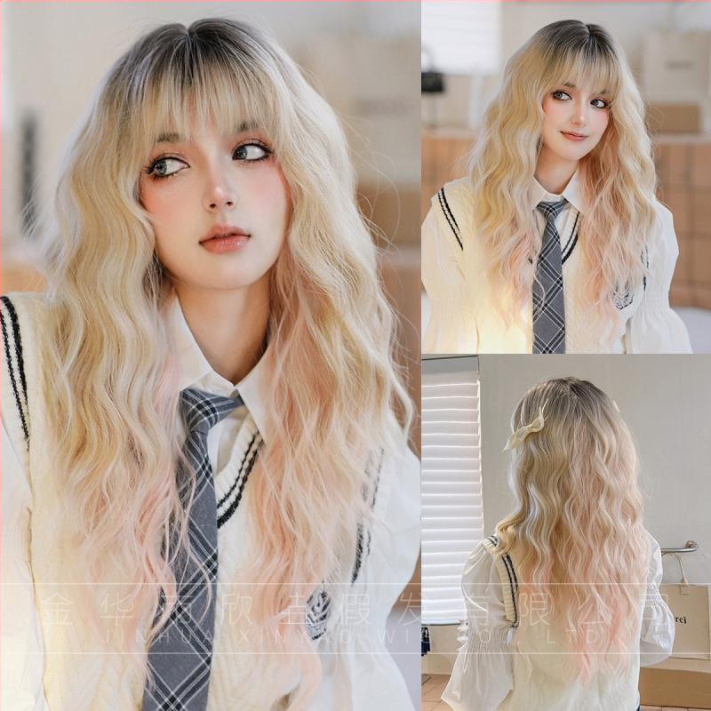 Perucă lungă buclată cu breton drept, Păr din fibră rezistentă la temperaturi înalte, Procesare mecanizată, Poate fi vopsită sau tratată cu permanent, Pentru femei